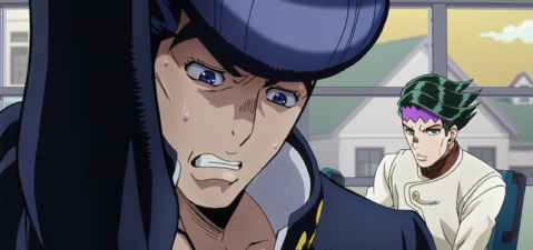 Josuke nervously tries to ignore Rohan on the bus.