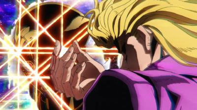 Giorno as he appears in the third version of Uragirimono no Requiem striking a pose similar to that of his father