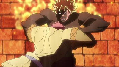 Dio and Jonathan fall into the burning mansion's flames