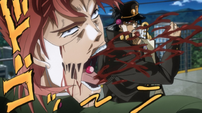 Punching Rubber Soul's face (disguised as Kakyoin)