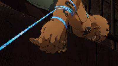 Jolyne attempting to grab the bone from the prisoner