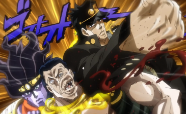 Jotaro punching Rubber Soul while Star Platinum holds him