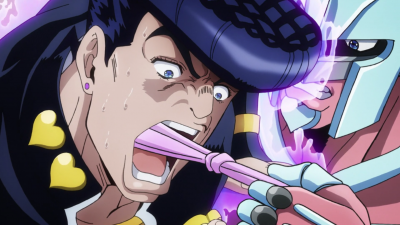 Crazy D pulls a glove out of Josuke's mouth, with Aqua Necklace trapped inside.