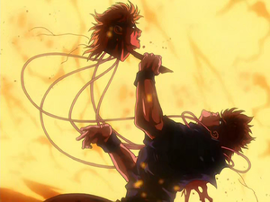 Jonathan esfaqueando a cabeça de Dio na tentativa de pará-lo, da abertura do OVA de 2000 da Parte 3