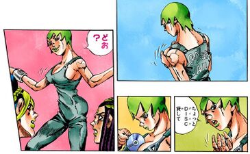 Placing a Stand disc between her chest