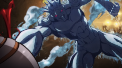 Weather Report pushing its fist down against Pucci's head as it is slowly crushed