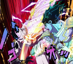 Killer Queen punched in the head by Star Platinum: The World.