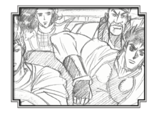 Caesar in the car with Joseph Joestar, Lisa Lisa & Messina, on their way to the Switzerland border for the Red Stone of Aja (Part 3 OVA Timelines)