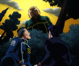 Shigechi's initial appearance, looming menacingly over Josuke and Okuyasu