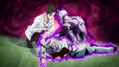 Kira tentando usar o Bites the Dust na paramédica que tenta ajudá-lo