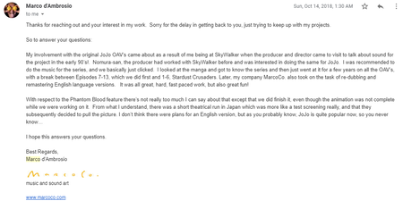 Email personally from Marco Explaining his involvement with the OVA's & small details about the PB Movie.