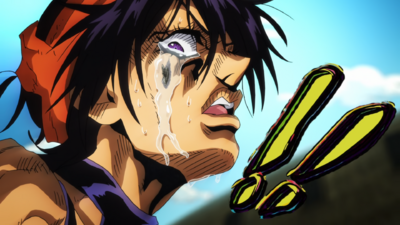 Narancia crying, while Clash forms on the liquid