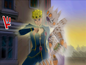Giorno posing with Gold Experience Requiem