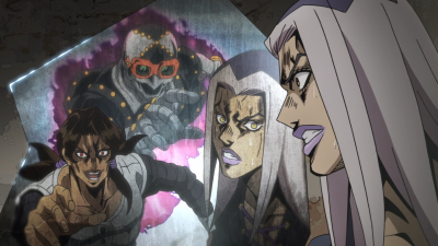 Illuso about to use Man in the Mirror to drag Abbacchio inside a mirror