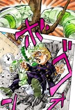 3 Freeze being redirected onto Koichi after hitting one of Gold Experience's tree's