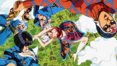 Team Bucciarati posing in the sky, referencing Chapter 537