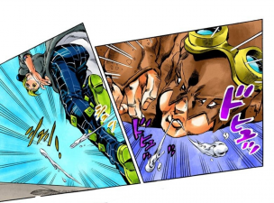 Using gravity, Lang Rangler can maneuver his own spit as an exertion against Jolyne