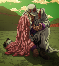 Jotaro's arm melting after being hit by a dart