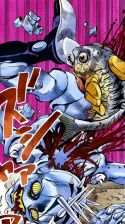 Wounded by a piranha Giorno's right hand changed into