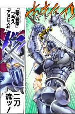 The possessed Polnareff using both Silver Chariot and Anubis' power