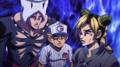 Weather, Jolyne, and Emporio hide inside a coat and discuss their plan