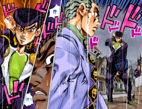 Kira sendo confrontado por Josuke na chuva