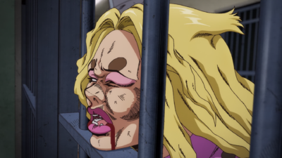Miu Miu's head is left lying on the cell bars as Jolyne talks to Ermes