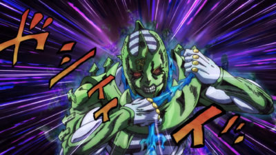 C-MOON grabbing onto the rope on his neck made by Jolyne
