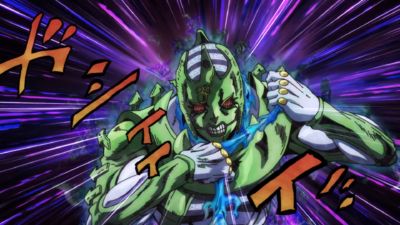 C-Moon grabbing onto the rope on his neck made by Jolyne