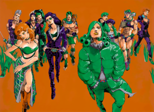 Visual for Nagasaki's Ripples of Adventure. From left to right: Jean Pierre Polnareff, Trish Una, Risotto Nero, Prosciutto, Lisa Lisa, Sandman, Pocoloco, Funny Valentine, Jobin and Mitsuba Higashikata, Wamuu, and Giorno Giovanna.