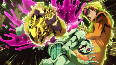 Giorno's arm, which has been turned into a piranha, bursts out of Baby Face's back