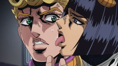 Giorno being licked in the face by Bruno