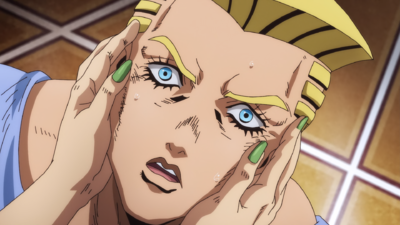 Romeo's head being held in Jolyne's hands as she asks him for money and a car