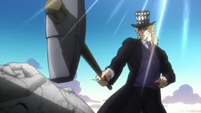 Speedwagon using his hammer to destroy the Stone Mask