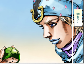 Final Steel Ball Run appearance, holding one of Gyro's Steel Balls