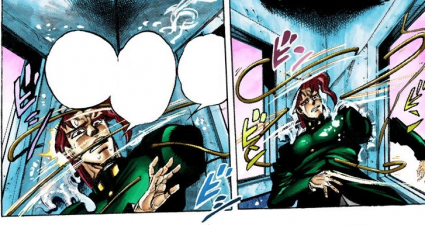 Kakyoin fixed to a corner because of Death Thirteen's control on the world of dreams