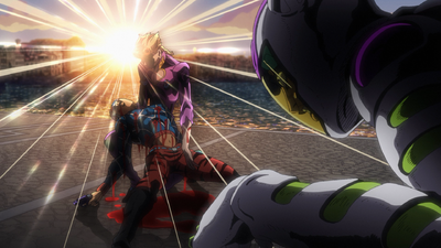 Holding a wounded Mista after his attack against Ghiaccio