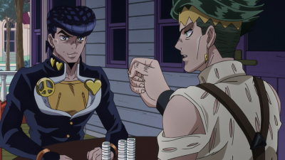 Rohan readies to his dice while Josuke tries to hold back laughter.