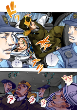 Mamezuku and Josuke try to protect themselves in a police car