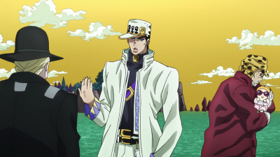 Shizuka being held by Joseph while Jotaro is talking to a Speedwagon Foundation member