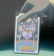 "The Star" Tarot Card held by a disguised Enya the Hag