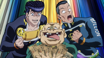 Josuke and his friends pose with their hard-earned cash