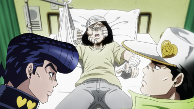 Being interrogated in the hospital by Josuke and Jotaro.
