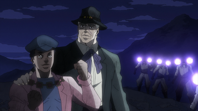 Speedwagon with Smokey Brown during Joseph's fight with Kars