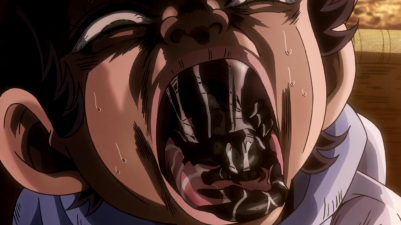 Mannish Boy hides the scorpion inside his mouth from Kakyoin