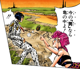 Trish warns Bucciarati that Pesci is in Mr.President with the others