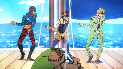 Tortured by the gang while Mista, Narancia, and Fugo dance