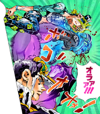 Star Platinum socando Jolyne para que ela evite ser atacada