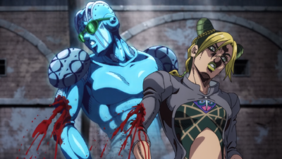 Stone Free and Jolyne's arm damaged by an unknown source, later discovered to be a meteor