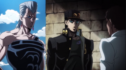 With Jotaro, gathering information on the whereabouts of the man with the Arrows